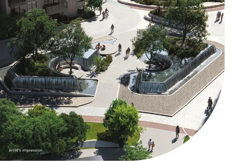 Aerial view of landscaped decks, walkways and gathering spaces at Solcrest — artist's impression