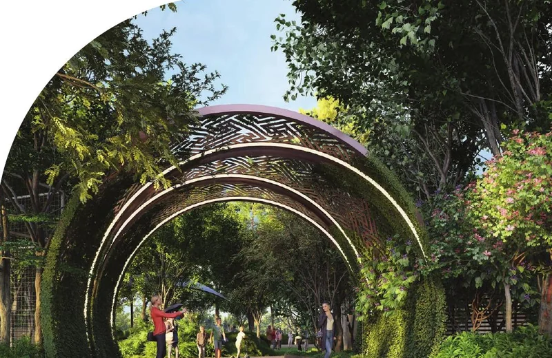 Planted arch walkway through the landscaped grounds at Solcrest — artist's impression
