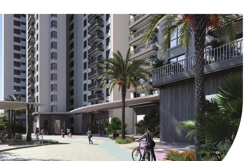 Tower entrance and shaded internal driveway at Solcrest — artist's impression