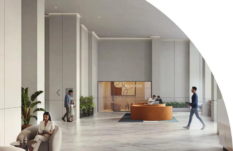 Residential lift lobby at Solcrest finished in stone and warm timber — artist's impression
