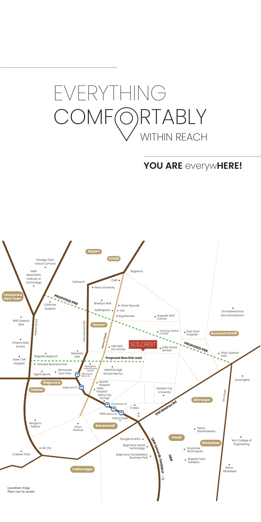 Location map showing Solcrest off Hennur Road in relation to Manyata Tech Park, Bhartiya City, Hebbal, the proposed Peripheral Ring Road, Outer Ring Road and the airport corridor