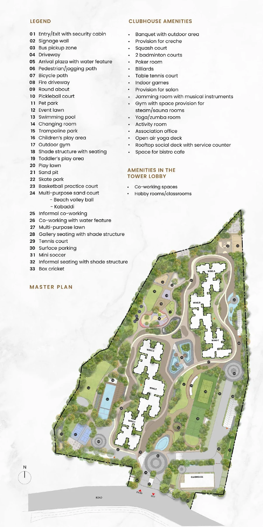 Solcrest master plan showing six residential towers, clubhouse, sports zones, children's play areas and landscaped open spaces across 9.3 acres