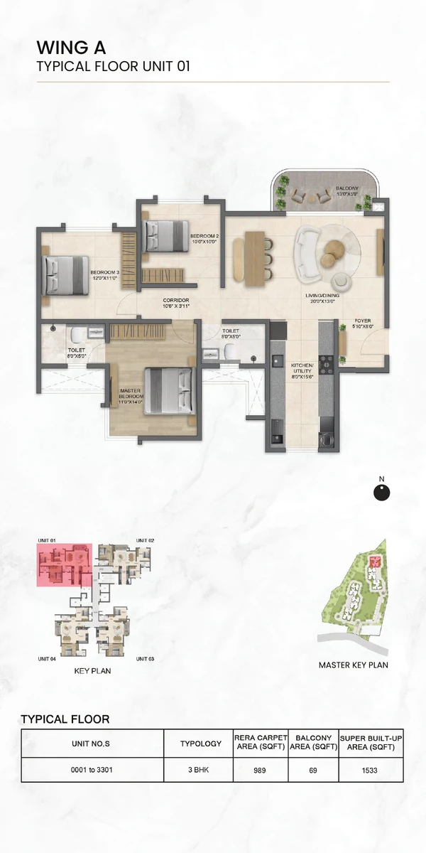 Preview of the Solcrest 3 BHK typical floor unit plan