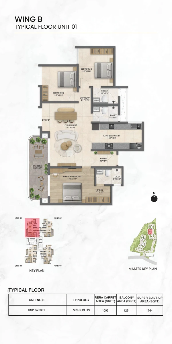Preview of the Solcrest 3 BHK Plus typical floor unit plan