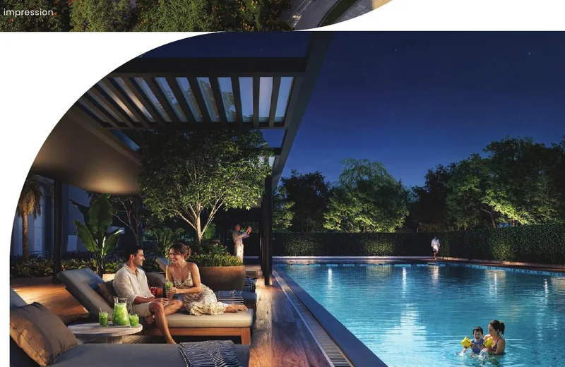 Swimming pool at Solcrest framed by palms and the residential towers — artist's impression